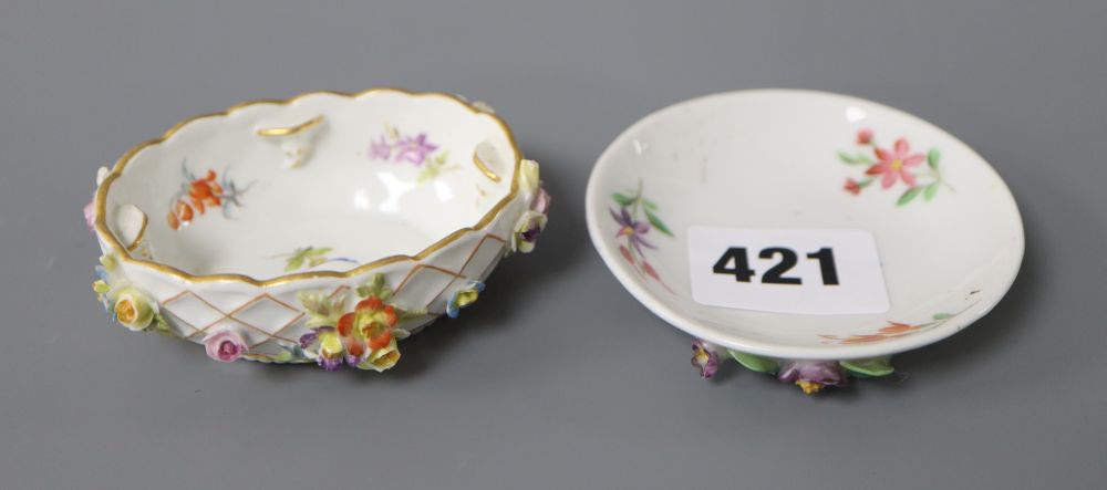 A 19th century Meissen salt, painted and encrusted with flowers and a small Sitzendorf dish (2)
